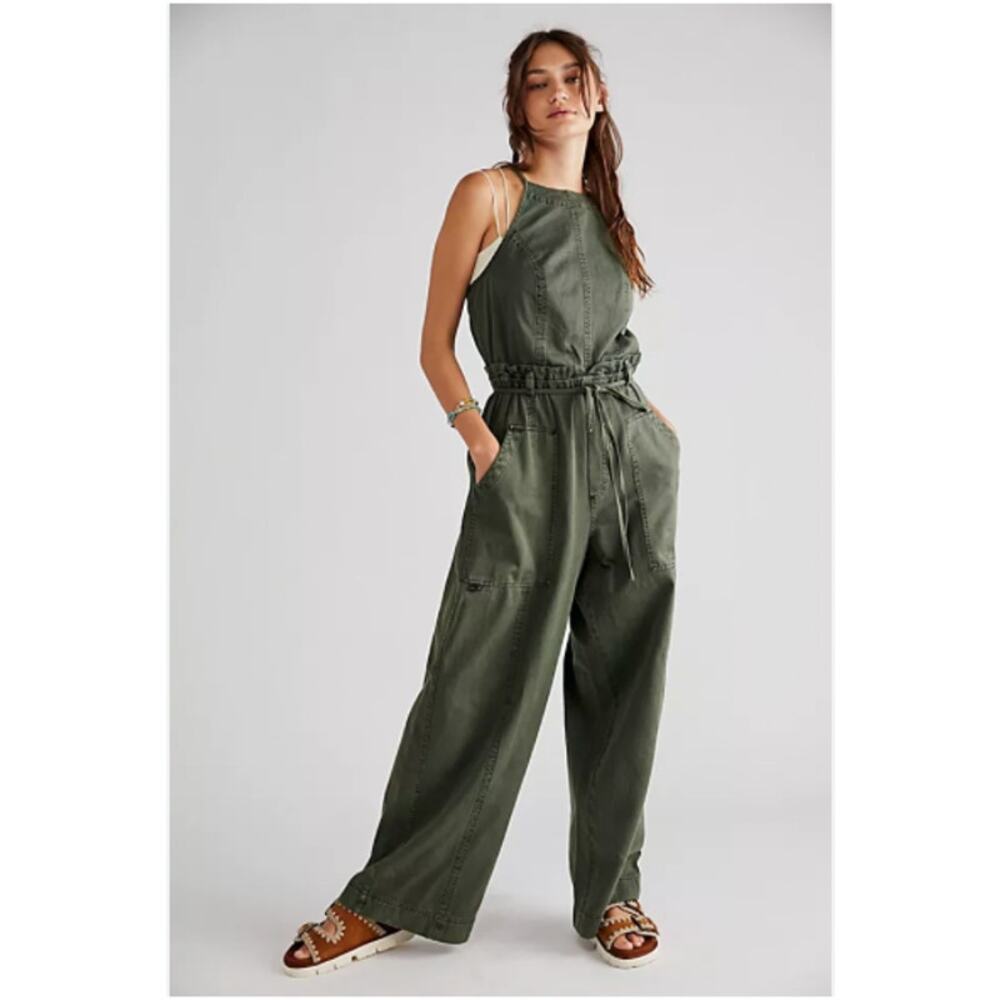 Free People Hearts Run Free Jumpsuit Green Utility Wide Leg Cotton Large NWT